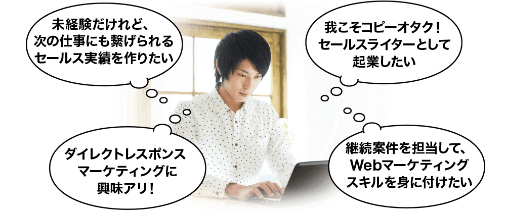 「未経験だけれど、次の仕事にも繋げられるセールス実績を作りたい」「我こそコピーオタク!セールスライターとして起業したい」「ダイレクトレスポンスマーケティングに興味あり」「継続案件を担当して、Webマーケティングスキルを身につけたい」